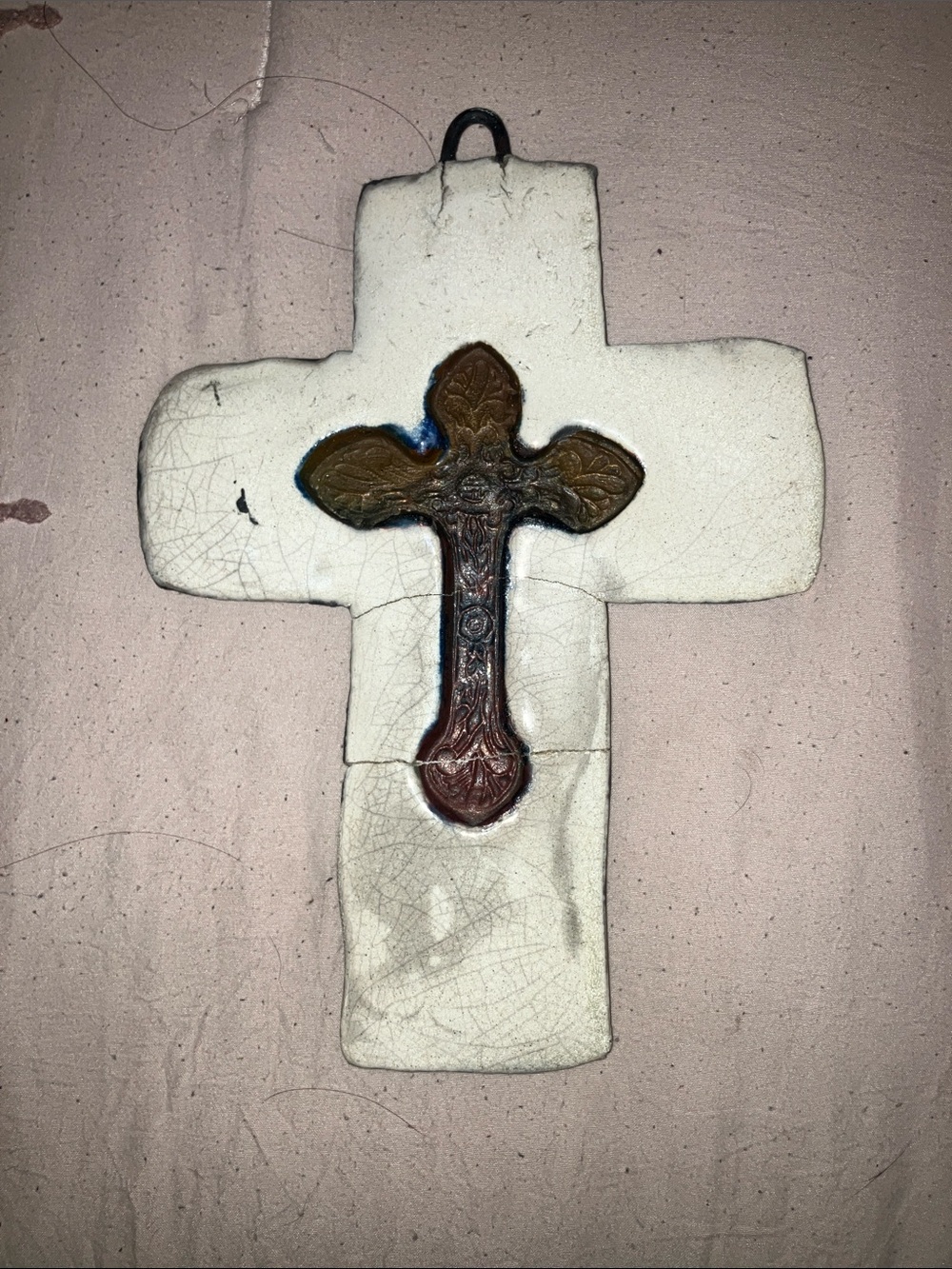 White Ceramic Wall Cross with Bronze Accent - Decorative Home Art